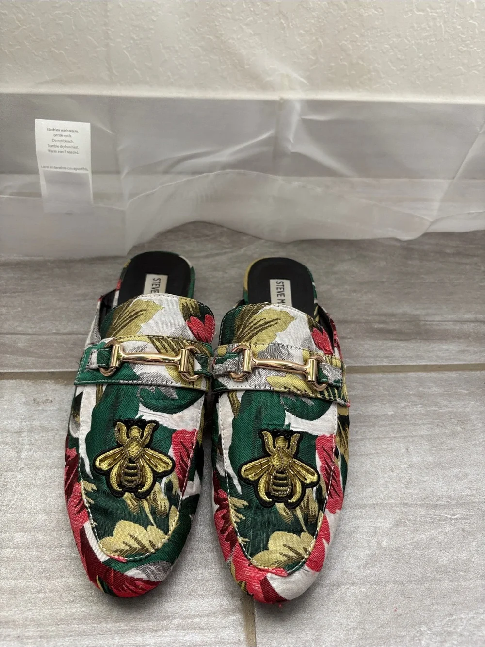 Green Red Floral Embroidered Mules with Gold Bee